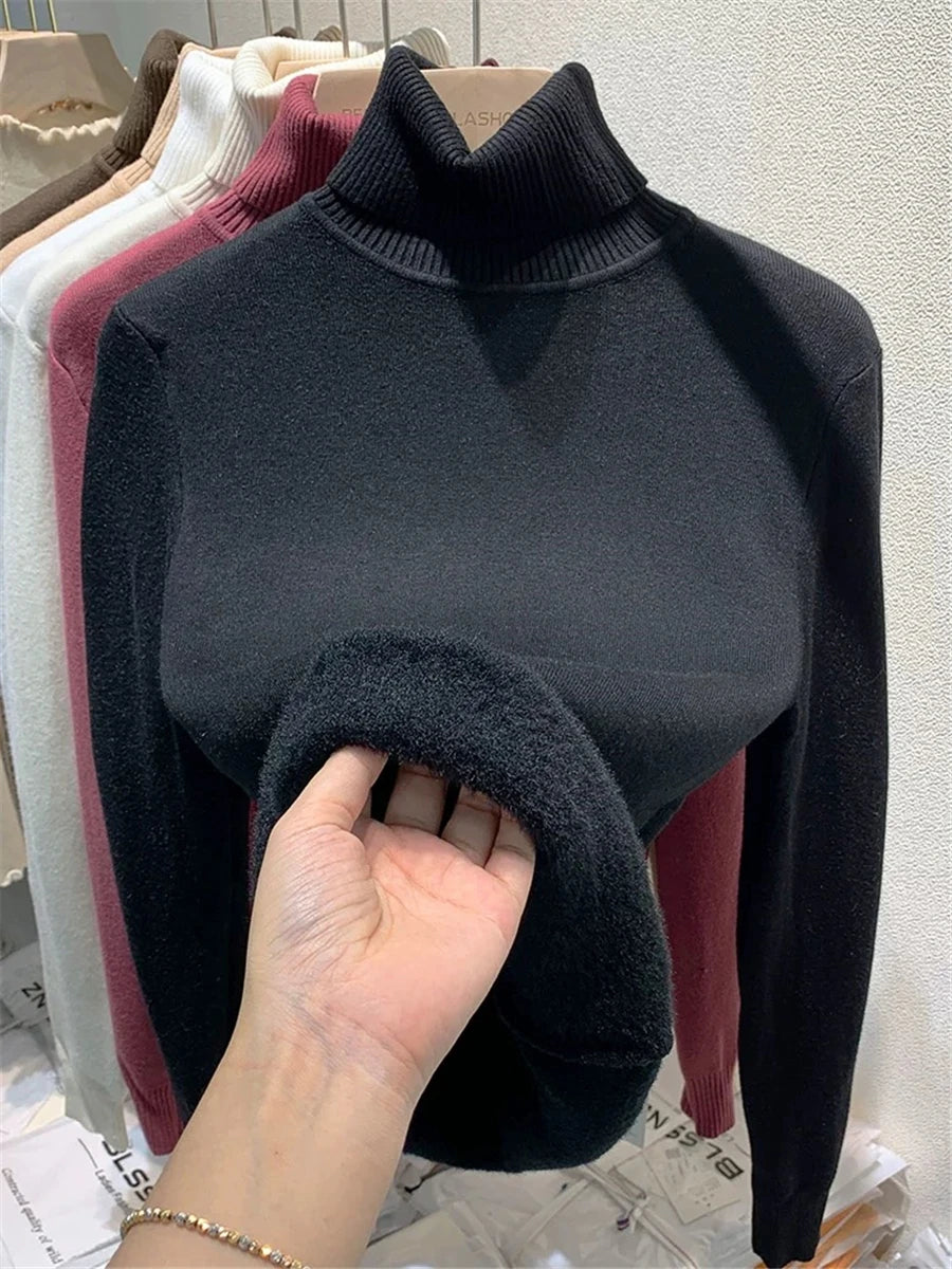 Turtleneck Winter Sweater Women Elegant Thicken Velvet Lined Warm Sueter Knitted Pullover Slim Tops Jersey Knitwear Jumper New