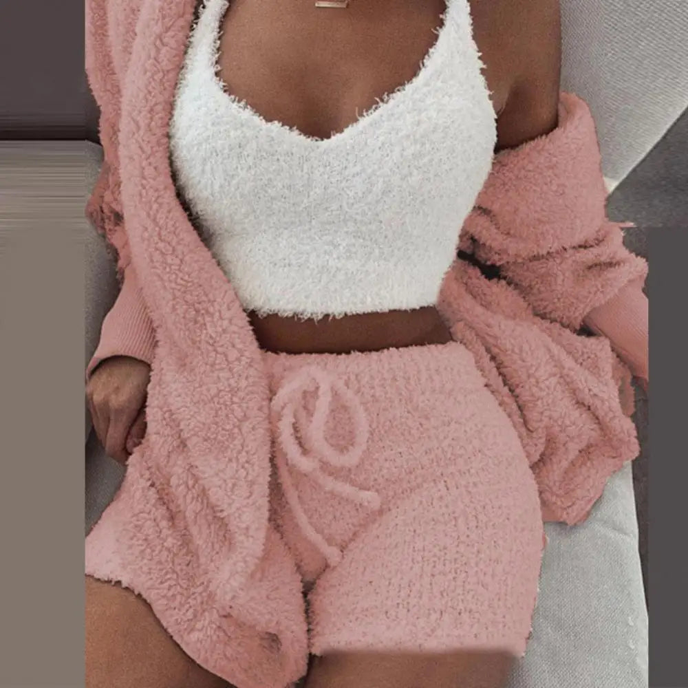 3Pcs Women Cardigan Crop Top Shorts Set Autumn Plush Sexy Vest Long Sleeve Coat Drawstring Shorts Suit Sports Outfits