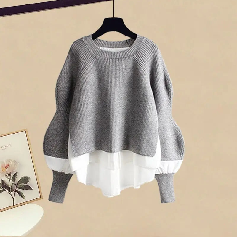 2025 Spring/Autumn New Korean Elegant Splice Fake Two Piece Knitted Sweater Dress Matching Set Women's Chic Pullover Skirt Set