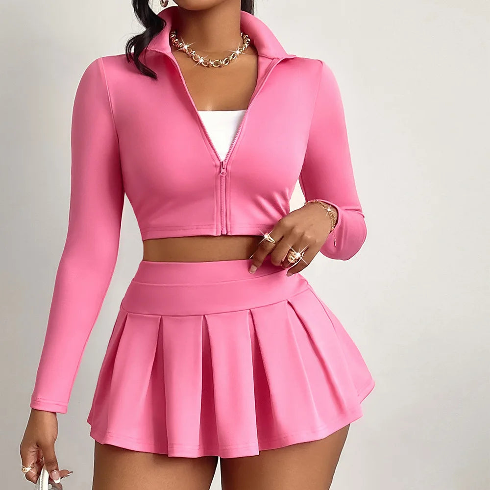 Pink Sport Women Set Long Sleeves Zip Short Jacket Top + Pleated Mini Skirt Fitness Yoga Tight Casual Suit Running Gym Jacket