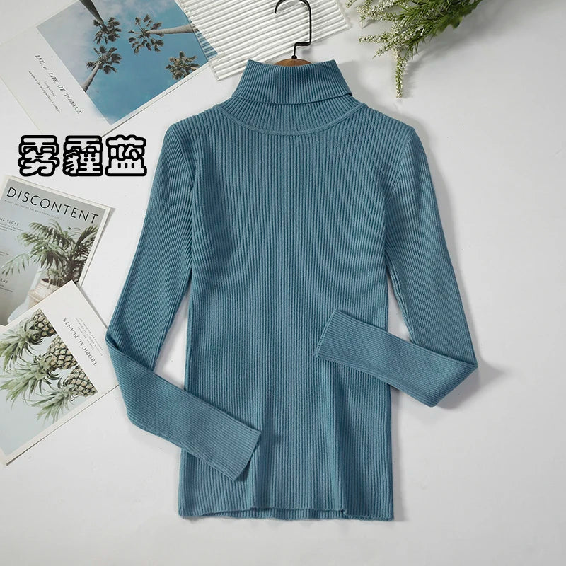 2024 Simple Women Turtleneck Sweater Winter Fashion Pullover Elastic Knit Ladies Jumper Casual Solid Black Female Basic Tops