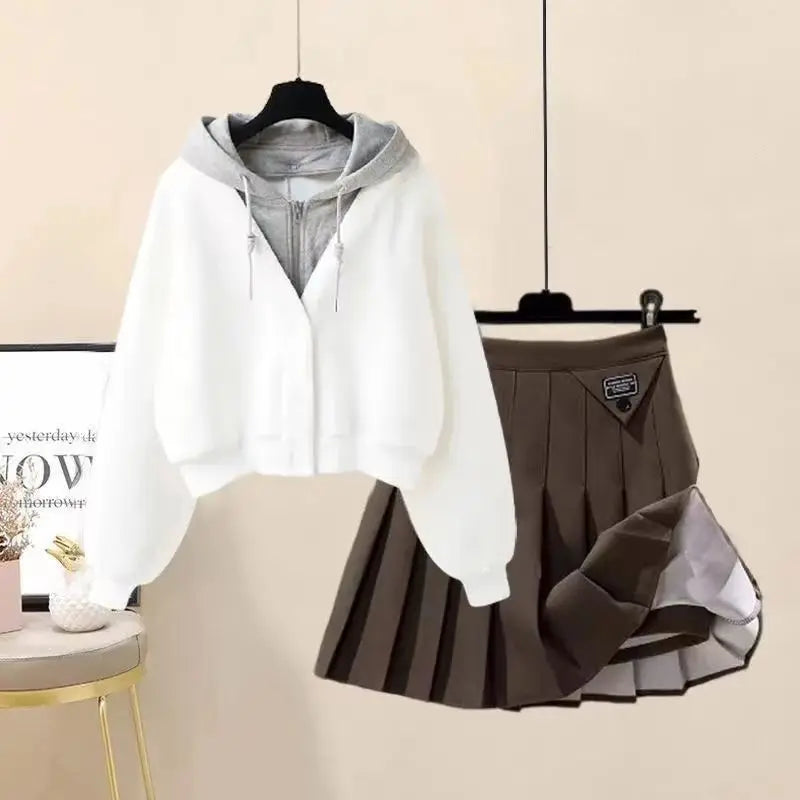 Plush Thickened Casual Long Sleeved Hooded Mini Pleated Skirt Two-piece Set Fashionable Women's Skirt Set