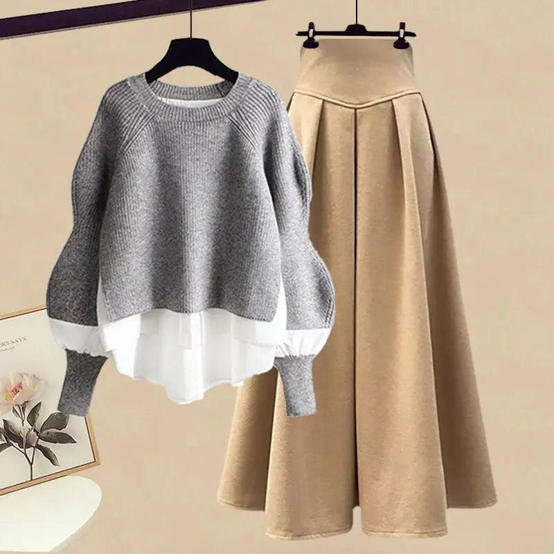 2025 Spring/Autumn New Korean Elegant Splice Fake Two Piece Knitted Sweater Dress Matching Set Women's Chic Pullover Skirt Set