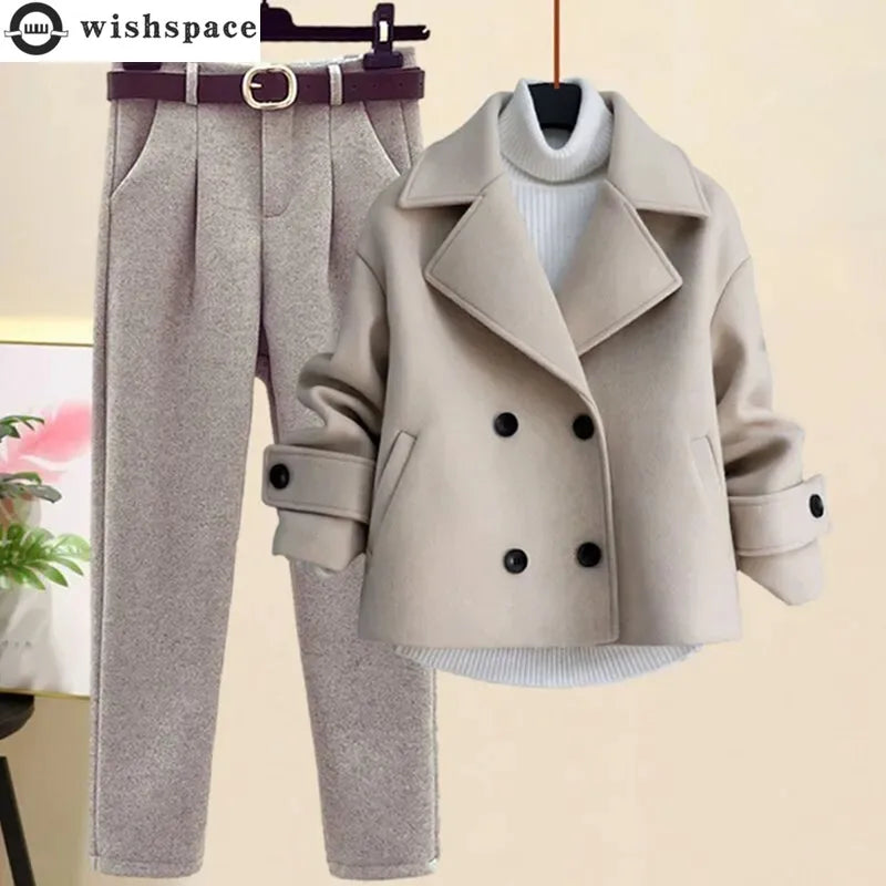 2024 Autumn Winter Wool Suit Jacket Jacket Long Sleeve Knitted Sweater Casual Trousers Three Piece Set Elegant Women's Pant Set