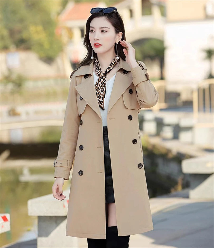 Khaki Long Trench Coats Women Casual Loose Jackets New Korean Double Breasted Gabardina Abrigos Turn-down Collar Windbreaker