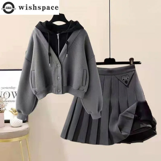 Plush Thickened Casual Long Sleeved Hooded Mini Pleated Skirt Two-piece Set Fashionable Women's Skirt Set