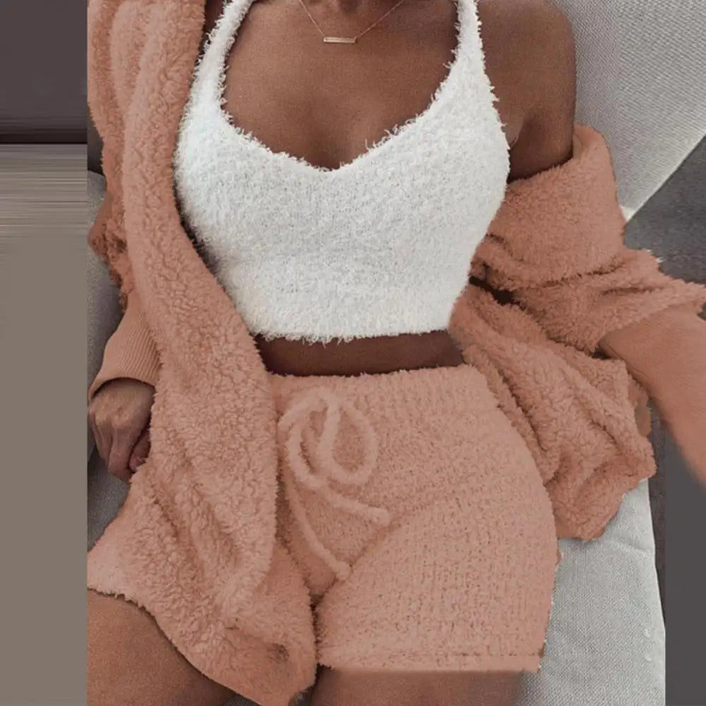 3Pcs Women Cardigan Crop Top Shorts Set Autumn Plush Sexy Vest Long Sleeve Coat Drawstring Shorts Suit Sports Outfits