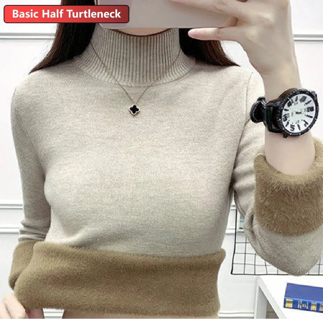 Turtleneck Winter Sweater Women Elegant Thicken Velvet Lined Warm Sueter Knitted Pullover Slim Tops Jersey Knitwear Jumper New